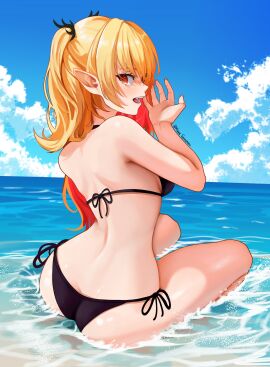 1girls 2d 2d_(artwork) alternate_costume ass back back_view bikini bikini_bottom bikini_top black_bikini black_bikini_bottom black_bikini_top black_swimsuit blonde_hair clouds day eternals_(idol_corp) female female_focus female_only high_resolution highres idol_corp idol_es latam_virtual_youtuber light-skinned_female light_skin long_hair looking_at_viewer looking_back looking_back_at_viewer manasenshou ocean open_mouth pigtails pointy_ears red_eyes red_hair ruby_runeheart sitting sky slim_female solo solo_female solo_focus summer swimsuit two-tone_hair two_piece_swimsuit virtual_youtuber vtuber vtuberfanart water young younger_female