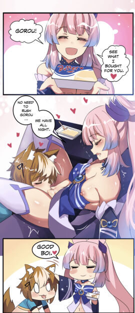 1boy 1girls censored cunnilingus dog_boy female genshin_impact good_boy gorou_(genshin_impact) happy happy_sex hinghoi male sangonomiya_kokomi sex wholesome wolf_boy