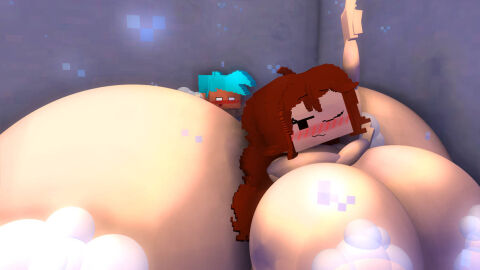 3d 3d_(artwork) 3d_model :3 anyone_for_boyfriend's_place? ass background blush boyfriend_(friday_night_funkin) breasts bubbles female flustered_male friday_night_funkin girlfriend_(friday_night_funkin) huge_breasts hyper_ass long_hair male mine-imator minecraft pinned shower showering_together sospoo surprised visible_nipples wannq