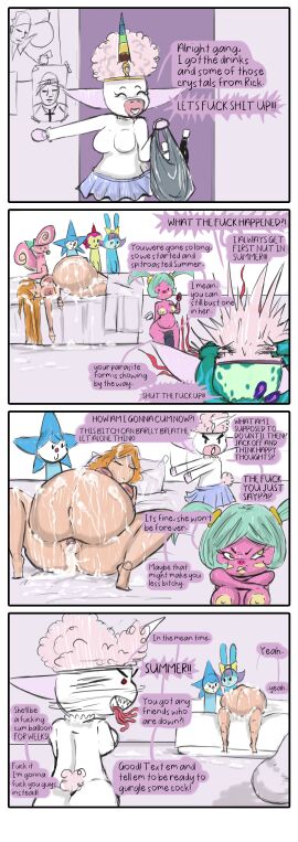 after_sex alterissue areolae bedroom big_breasts big_penis cum cum_everywhere english_text equine_penis filled_belly futanari group_sex horsecock huge_cock nipples orgy_sex parasite_(rick_and_morty) rick_and_morty speech_bubble summer_smith tinkles unicorn