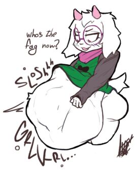 after_vore anthro ass belly big_belly deltarune dialogue duo eyewear glasses hyper hyper_belly male male_pred nsfoxxw oral_vore ralsei same_size_vore stomach_bulge undertale_(series) vore vore_belly