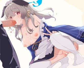 1boy 1girls allied_hyakkiyako_academy_student animal_ears apron blue_archive blue_halo blue_kimono blush breasts censored collarbone commentary cum cum_in_mouth cum_in_pussy cum_inside dog_ears fellatio female festival_operations_department_(blue_archive) grey_hair hair_between_eyes halo heart highres japanese_clothes kimono light-skinned_female light-skinned_male light_skin long_hair maid maid_headdress male medium_breasts mosaic_censoring nipples oral penis pussy pussy_juice red_eyes simple_background straight teranekosu thighhighs umika_(blue_archive) v wa_maid white_apron white_background white_thighhighs