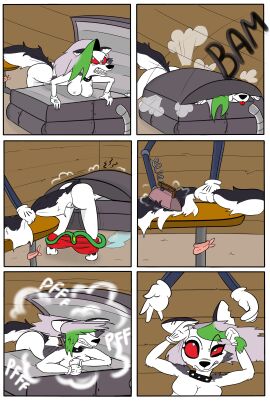 absurd_res anthro areola ass bottomwear bottomwear_down breasts canid canid_demon canine clothed clothing comic crossover demon disney drying fairy_tales female flattened fur genitals hellhound helluva_boss hi_res lev0on loona_(helluva_boss) mammal mythological_canine mythological_creature mythology pants pants_around_ankles pants_down partially_clothed pussy slapstick slapstick_humor solo teenage_female the_three_little_pigs wet wet_body wet_fur white_body white_fur