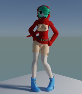 1girls 3d blender_(software) boots breasts breasts_out female female_only functionally_nude_female garter_straps green_hair hands_on_hips hourglass_figure labia legs light-skinned_female light_skin long_sleeves lorded mario_(series) mask masked_female mostly_clothed nintendo no_panties pale-skinned_female pale_skin pussy red_sweater shy_gal shy_gal_red simple_background solo stockings sweater sweater_lift vulva