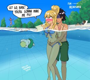 bikini black_hair blonde_hair blush breasts brown_hair cleavage english_text female have_to_pee jailor_eckman navel open_mouth original partially_underwater_shot pool swimshorts swimsuit underwater water