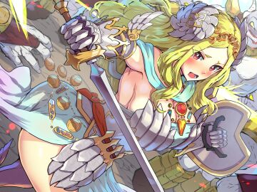 1girls absurd_res armor big_breasts blonde_hair blush boris_(noborhys) breasts female freya_(zangeki_no_reginleiv) gauntlets goddess hair_ornament hi_res jewelry long_hair monster open_mouth red_eyes shield skirt solo_female solo_focus sword tiara zangeki_no_reginleiv