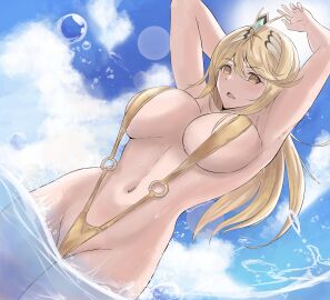 1girls absurd_res arms_up big_breasts blonde_hair blue_sky breasts calmgreentori circlet cloud cloudy_sky commentary english_commentary female high_res long_hair looking_at_viewer mythra navel nintendo o-ring o-ring_swimsuit open_mouth outside sky sling_bikini slingshot_swimsuit stomach swept_bangs swimsuit water xenoblade_(series) xenoblade_chronicles_2 yellow_eyes yellow_slingshot_swimsuit