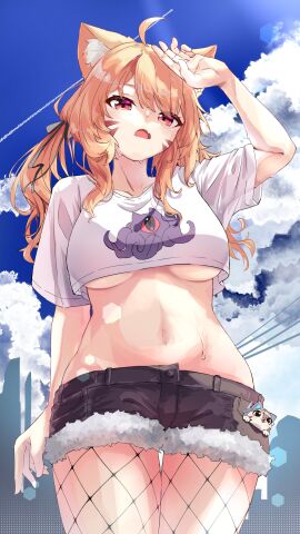 1girls ahoge animal_ears arm_up bangs black_shorts blonde_hair blue_sky breasts cat_ears cat_girl cat_tail catgirl chain-link_fence cloud collarbone crop_top day face_markings female fence fishnet_legwear fishnets franek89 large_breasts long_hair looking_at_viewer low_twintails midriff navel no_bra open_mouth outdoors red_eyes ribbon shirt short_shorts short_sleeves shorts sky solo squchan_(vtuber) standing stomach thigh_gap tongue twintails underboob virtual_youtuber vyugen white_shirt