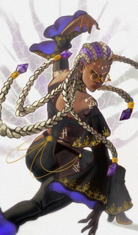 1girls ass athletic athletic_female big_ass bodypaint braid braided_hair braided_ponytail dark-skinned_female dark_skin dolores_(kof) earrings fat_ass female from_behind glasses green_eyes heels huge_ass jewelry king_of_fighters legs_spread legwear long_hair looking_at_viewer looking_back necklace purple_hair round_glasses spread_legs thick_lips thick_thighs thighs thong tied_hair two-tone_hair white_hair wide_hips