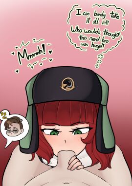 1boy 1girls 2d amber_cassidy bangs bending_over bent_over between_legs blowjob blushing clothed clothed_female cock_worship danganronpa deepthroat dialogue digital_media eyelashes fanganronpa fellatio female female_focus fingernails glasses gradient_background green_eyes hat hearts kurodahlia18 male male/female male_pov medium_hair nerd nude oral penis penis_in_mouth pink_background pov pov_male project:_eden's_garden red_hair sex sleep_molestation sleeping solo_focus straight thought_bubble ushanka wilhelm_ulysses