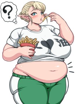 1girls ass bbw belly_overhang big_belly big_breasts big_female blonde_hair blush blushing breasts chubby chubby_female curvy eating elf elf-san_wa_yaserarenai elfuda fat fat_ass fat_female female french_fries giantess gunrei13bucho hi_res humanoid large_female midriff mini_giantess overweight overweight_female plump pointy_ears pork_chop solo thick_thighs wide_hips