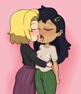 2girls aged_up amphibia amphibia_(finale) asian_female ass black_hair blauh_o blonde_hair blush bodily_fluids breasts disney disney_channel disney_xd female female_focus female_only interracial kissing light-skinned_female light_skin marcy_wu sasha_waybright taiwanese_female tongue tongue_out white_female wide_hips yuri
