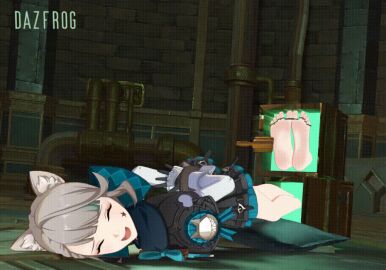 animated arms_behind_back bondage brush brushing cat_ears cat_girl catgirl dazfrog feet female foot_fetish genshin_impact grey_hair laugh lying_on_stomach lynette_(genshin_impact) magic magician pillow portal restrained restrained_arms restrained_feet soles squirming stuck stuck_in_object tickle_torture tickling tickling_feet tied_hands tied_toes tied_up