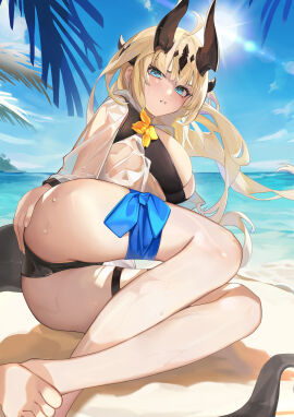 1girls 2024 arknights artist_request ass ass_focus beach big_ass bikini blonde_hair blush bra dragon_girl female hi_res horns legs_together light-skinned_female light_skin looking_at_viewer lying lying_on_side outdoors outside panties reed_(arknights) solo swimsuit swimwear tail thigh_strap wet