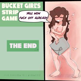 1girls breasts brown_hair bucket_girl_(thecoo1estslime) bucket_hat covering_breasts covering_crotch feet female long_hair medium_breasts naked_female original original_character simple_background strip_game sweat thecoo1estslime thighs