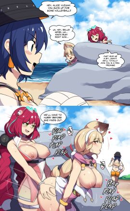 1futa 2d 2d_(artwork) 2girls 2koma absurd_res alice_thymefield alice_thymefield_(sea_of_thyme) almost_caught areolae ass ass_grab beach beach_sex belle_(summer_skies)_(zenless_zone_zero) belle_(zenless_zone_zero) bent_over big_ass big_breasts blonde_hair blue_hair blush breasts breasts_out bucket_hat bunny_ears bunny_girl dialogue doggy_style english_text female from_behind fucked_from_behind futa_on_female futanari green_eyes heterochromia hi_res highres hinghoi intersex large_breasts light-skinned_female light-skinned_futa light_skin long_hair nipples official_alternate_costume penetration_from_behind plap pussy red_eyes sex sex_from_behind speech_bubble sunglasses sunglasses_on_head sweat taken_from_behind text thick_thighs thighs tongue tongue_out ukinami_yuzuha ukinami_yuzuha_(tanuki_in_broad_daylight) uncensored vaginal_penetration vaginal_sex yellow_eyes zenless_zone_zero