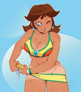 1girls blue_background blue_eyes brown_hair cleavage dripping dripping_water ehjur female flower_earrings front_view mario_(series) mario_kart mario_kart_world midriff nintendo official_alternate_costume one_eye_closed princess_daisy princess_daisy_(swimwear) skindentation swimsuit tan_body tan_lines watermark wet wringing_clothes