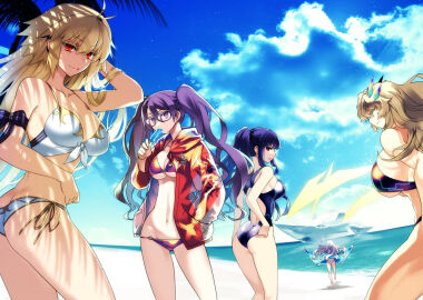 4girls archetype_earth arcueid_brunestud asagami_fujino ass barghest_(gawain)_(fate) beach bikini blonde_hair blue_sky breasts cloud cloudy_sky fate/grand_order fate_(series) female glasses gold_trim hair_intakes horns huge_breasts ishida_akira jacket kara_no_kyoukai large_breasts melusine_(fate) multiple_females multiple_girls muscular muscular_female ocean one-piece_swimsuit palm_tree ponytail purple_hair red_eyes sand sion_eltnam_atlasia sion_eltnam_sokaris sky slingshot_swimsuit swimsuit tree tsukihime twintails type-moon white_bikini white_hair yacht