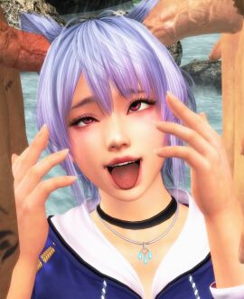 1girls 2boys 3d crosseyed dead_or_alive dead_or_alive_xtreme_venus_vacation ear_fuck ear_penetration eyes_crossed female fox_ears fox_girl fucked_silly kitsune koei_tecmo lavender_hair lordryu magenta_eyes male male_penetrating_female necklace partial_male penis penis_in_ear rocks shizuku_(doa) threesome tongue tongue_out water xnalara xps