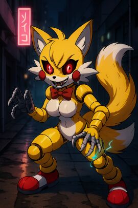 animatronic_female breasts five_nights_at_sonic's metallic_body night red_and_white_shoes red_bowtie tails toy_tails_(fnas) yellow_body yellow_fur
