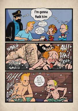 4boys anal anal_sex beard black_hair blush body_hair captain_haddock comic comic_page crossover dialogue english_text fantasio from_behind_position gay grin hardcore heart height_difference human looking_at_another looking_pleasured male male_only mawile123 motion_lines nipples nude onomatopoeia orange_hair pale_skin sex short_hair sitting size_difference speech_bubble spirou spirou_et_fantasio steam tears tears_of_pleasure text the_adventures_of_tintin thought_bubble tintin tongue tongue_out toony towel towel_around_waist twink yaoi