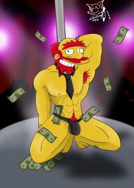 armpit_hair arms_behind_head balls ballsack cash gay groundskeeper_willie hand_behind_head happy happy_male lautingfox male male_only money muscular muscular_male pectorals posing red_hair strip_club stripper stripper_clothes stripper_pole the_simpsons thong tie twitter unibrow