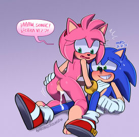 1boy 1girls accidental_impregnation after_sex after_vaginal amy_rose anthro anthro_on_anthro anus aribujitosnsfw ass completely_nude_female cum cum_drip cum_in_pussy cum_inside female green_eyes hand_on_ass male pussy sonic_(series) sonic_the_hedgehog sonic_the_hedgehog_(series) spanish_dialogue spanish_text sweating tail text_bubble
