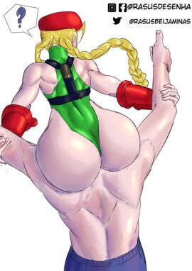 1boy 1girls ass big_ass blonde blonde_female braids bubble_ass bubble_butt cammy_white female fighting hourglass_figure huge_ass leglock leotard male question_mark red_hat street_fighter tagme tagme_(artist) video_game_character video_games