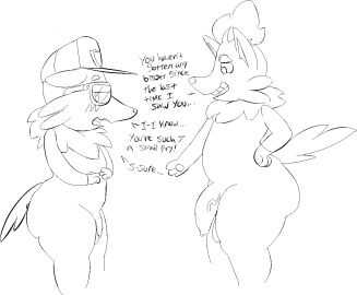 2018 anthro ass balls big_ass big_butt big_penis black_and_white blush clothing dialogue digital_media_(artwork) duo english_text eyewear fur generation_5_pokemon genitals gesture glasses hair half-closed_eyes hand_gesture hand_on_hip hand_on_own hat headgear headwear hip humiliation looking_at_genitalia looking_at_penis looking_away male monochrome narrowed_eyes nintendo penis penis_humiliation pointing pointing_at_another pointing_at_penis pokemon pokemon_(species) pose roccorox shy side_view sketch small_penis small_penis_humiliation standing tail teeth text thick_thighs tongue vein veiny_penis zorua