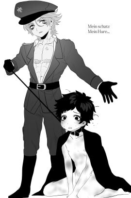 2boys age_difference bishonen bruise bruised bruises chibi collar eriurias73 fear_and_hunger fear_and_hunger:_termina full_body gay german_text jacket_on_shoulders leash leash_pull levi_(fear_and_hunger) male male_only military_hat military_uniform monochrome muscular muscular_male nazi no_visible_genitalia nude nude_male pavel_yudin petplay sitting soldier thick_eyebrows twink wariza yaoi