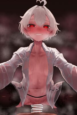 albino buddy_(buddies) dominant heart-shaped_pupils hot lingerie muscular muscular_female red_eyes scar scars see-through short_hair smug squatting steamy sweaty tights transparent_clothing wet wet_clothes white_hair