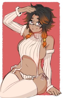 black_hair breasts dark_skin female garter_straps glasses latam_virtual_youtuber maplevt meme_attire multicolored_hair orange_hair panties ribbed_sleeves ribbed_sweater ribbed_thighhighs semi-rimless_eyewear side-tie_panties sideboob turtleneck virgin_destroyer_sweater virtual_youtuber vtuber whimzee