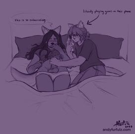 ambiguous_gender andy_(andyfurfulz) andyfurfulz anthro balls bangs bed bedding black_hair blanket blush blush_lines bodily_fluids bottomwear breasts canid canine canis cass_(andyfurfulz) clothed clothing covered_mouth dialogue directional_arrow domestic_cat domestic_dog duo ear_piercing ear_ring electronics embarrassed english_text eyewear felid feline felis foreskin furniture futanari genitals glasses hair handjob hi_res humanoid_genitalia humanoid_penis intersex long_hair looking_away lying lying_on_bed mammal monochrome motion_lines nonbinary_(lore) on_back on_bed onomatopoeia partially_clothed penile penis phone piercing pillow purple_theme raised_clothing raised_shirt raised_topwear ring_piercing sex shirt shorts signature simple_background small_breasts sound_effects speech_bubble spitz sweat t-shirt tail text topwear trans_(lore) trans_woman_(lore) uncircumcised underwear underwear_down url whiskers