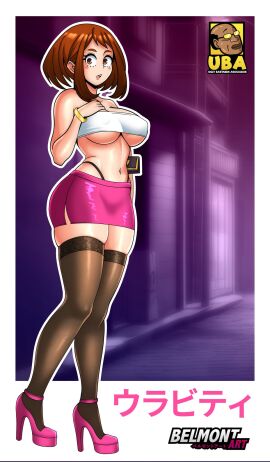 1girls bare_arms bare_legs bare_shoulders bare_thighs belmont big_breasts blush bracelet breasts brown-haired_female brown_eyes brown_hair clothed clothing color female female_focus female_only fully_clothed heels hi_res high_heels highleg large_breasts light-skinned_female light_skin looking_at_viewer my_hero_academia nipples_visible_through_clothing no_bra ochako_uraraka platform_heels prostitution revealing_clothes short_hair skimpy skimpy_clothes skindentation solo solo_female stockings tagme thick_thighs thong tubetop