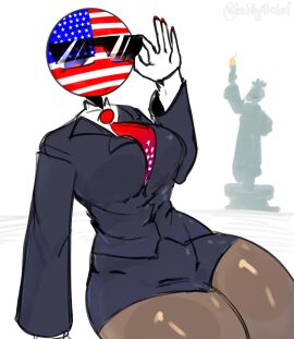 1girls big_breasts breasts clothed clothing countryhumans countryhumans_girl female kak0yt0_chel leggings lifting_sunglasses looking_at_viewer nails pantyhose red_tie sitting sitting_down stars suit suit_and_tie sunglasses thick_thighs thighs tie united_states_of_america_(countryhumans)
