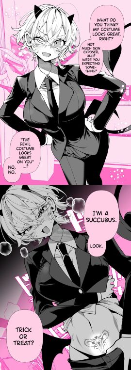 1girls a_boyish_girlfriend_in_high_humidity belly_button blush clothed costume demon devil dialogue english_text fangs female female_focus halloween halloween_costume horn horns manga masculine_female navel open_mouth original original_character ouchi_kaeru panties pants_down pants_pulled_down pubic_tattoo shirt_lift shirt_up short_hair solo solo_focus steam succubus succubus_costume succubus_horns succubus_tail succubus_tattoo succubus_wings suit sweat tail tattoo tie tomboy translated trick_or_treat tuxedo underwear wings wink