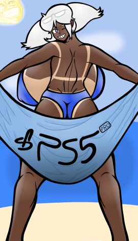 /ctt/ 1girls beach bikini blue_eyes breasts console-tan dark_skin female from_behind gigantic_breasts gijinka glasses_on_head huge_breasts humanization large_breasts looking_back_at_viewer meme_in_the_background playstation playstation_5 ps5-tan ps5_pro-tan sony_interactive_entertainment swimsuit tanline tanlines tanned towel traced twintails variant white_hair wink