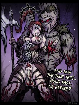 1boy 1girls 2024 amputee angry big_breasts bottomless breasts breasts_out captured corruption darkest_dungeon dialogue female front_view gameplay_mechanics garden_guardian_(darkest_dungeon) glaive gore grabbing_from_behind grey_body grey_skin guro hair_grab hellion_(darkest_dungeon) hi_res holding_object looking_back male male/female muscular muscular_female muscular_male penetration penis ponytail pubic_hair pussy questionable_consent red_eyes red_hair restrained sex stand_and_carry_position standing_sex statue tattoo vaginal_penetration weapon zulidian