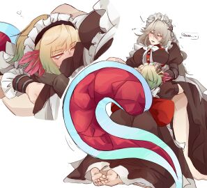2girls alexandrina_sebastiane barefoot black_dress black_gloves blonde_hair blush breasts calixxx commentary commission cunnilingus dress english_commentary english_text feathers female gloves gradient_hair green_hair grey_hair hair_between_eyes highres large_breasts long_hair maid maid_headdress multicolored_hair multiple_females multiple_girls oral orange_eyes original parted_lips second-party_source simple_background speech_bubble standing standing_cunnilingus tail toes white_background yuri zenless_zone_zero