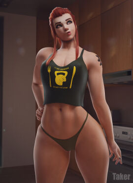 1girls 3d 3d_model artist_name belly big_breasts black_nail_polish black_nails black_panties black_tank_top black_thong breasts brigitte brigitte_lindholm brown_eyes brown_hair cleavage crop_top female fit fit_female freckles freckles_on_face hand_on_hip kitchen light-skinned_female light_skin looking_up midriff muscular muscular_female nail_polish navel overwatch overwatch_2 panties ponytail puckered_lips shoulder_tattoo sidelocks solo solo_female standing takerskiy tank_top tattoo text_on_clothing thighs thong underwear waist wide_hips