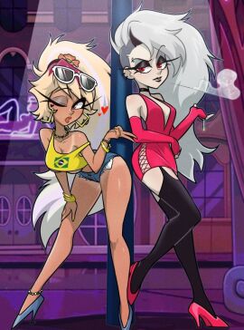 2girls big_eyelashes blonde_hair brazilian_flag brazilian_miku_(cosplay) centinel303 cigarette denim_shorts dress duo earrings eyelashes female female_only glasses glasses_on_head helluva_boss high_heels human_form human_loona human_verosika_mayday latin_american_hatsune_miku_(meme) legwear light-skinned_female light_skin long_hair looking_at_viewer loona_(helluva_boss) multiple_females multiple_girls one_eye_closed prostitute prostitute_clothes prostitution short_shorts shorts smoking smoking_cigarette tan-skinned_female tanline tanned_skin verosika_mayday_(helluva_boss) white_hair