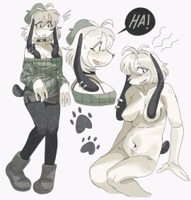 2024 anthro beret big_breasts big_ears boots breasts canid canine cleavage clothed clothing collar cute_fang dialogue digital_media_(artwork) ear_piercing ear_ring female footwear fully_clothed hat headgear headwear hi_res laugh leggings legwear mammal multiple_angles navel nude open_mouth pantyhose piercing puppkittyfan1 puppychan puppychan48 ring_piercing sitting solo standing sweater topwear wolfertinger