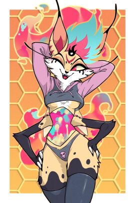 2024 4_arms absurd_res anthro black_body black_fur breasts canid canid_demon canine centinel303 chest_tuft clothing crop_top cropped demon demon_girl fangs female fox fox_ears fox_girl fur hands_behind_head hellhound helluva_boss hi_res hoodie hybrid insects legwear mammal multi_arm multi_limb mythological_canine mythological_creature mythology one_eye_closed paggi_outfit panties queen_bee-lzebub_(helluva_boss) red_eyes shirt skull solo squish tan_body tan_fur teeth thigh thigh_highs topwear translucent translucent_wings tuft under_boob underwear wings wink