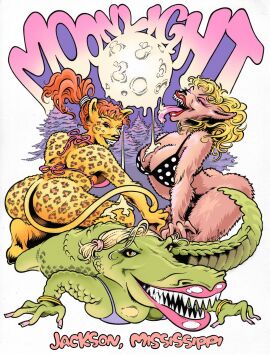 alligator anthro artist_request big_breasts bikini bikini_top bottomless breasts cheetah cleavage female full_moon lipstick nighttime outdoors trio unknown_artist wolf