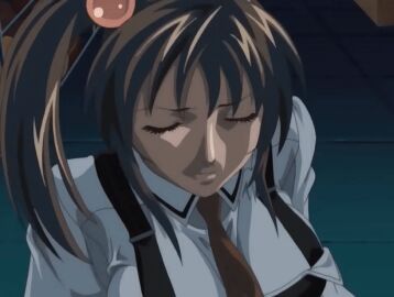 00s 2006 animated bible_black bible_black_only blush bouncing_breasts breasts brown_hair close-up closed_eyes female female_focus green_eyes hair_bobbles hair_ornament imari_kurumi large_breasts long_hair lowres necktie open_mouth school_uniform shirt side_ponytail solo tagme white_shirt