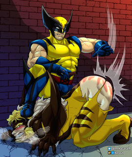 ass bara blush body_hair bulge costume facial_hair flaccid gay hasout_b james_howlett male male_only marvel marvel_comics muscles muscular penis ripped_clothing sabretooth spanking spanking_ass victor_creed wolverine_(x-men) x-men yaoi