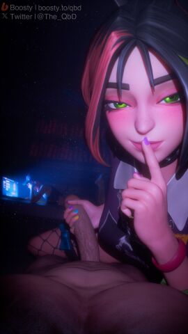 1boy 2girls 3d 3d_(artwork) background_character blush blushing clothed clothed_female clothing completely_nude dark dusty_(fortnite) female fortnite fully_clothed fully_clothed_female green_eyes handjob helsie_(fortnite) human light-skinned_female light_skin looking_at_partner looking_at_viewer male multicolored_hair nude nude_male penis pov pov_eye_contact pov_male quiet_gesture secret seductive seductive_look shushing the_qbd unaware