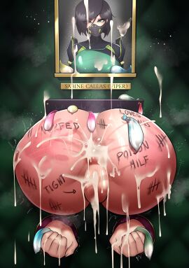 1girls after_anal after_sex after_vaginal anus ass ass_grab black_hair body_writing bound_wrists condom cum cum_in_ass cum_in_pussy cum_inside eyeshadow female female_only filled_condom flipping_off gaped gaped_anus gaping gaping_anus green_eyes green_hair holding_object in_wall light-skinned_female light_skin lube lube_in_ass makeup mask masked masked_female middle_finger picture_frame picture_on_wall portrait_(object) puffy_anus purple_eyeshadow pussy qiyarts riot_games sex short_hair spank_marks stuck stuck_in_wall tally_marks valorant viper_(valorant)