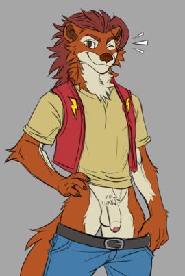 absurd_res anthro balls bottomwear bottomwear_down brown_body brown_eyes brown_fur clothed clothing flat_colors foreskin fur genitals herpestid hi_res looking_at_viewer male mammal mongoose nikoderiko no_underwear one_eye_closed pants pants_down partially_clothed penis presenting presenting_penis sgt.fleischsalat simple_background smile smiling_at_viewer solo uncircumcised wink winking_at_viewer