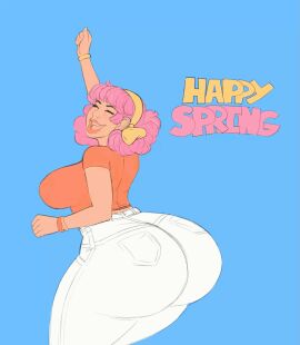 1girls animated ass ass_expansion berggie big_ass breasts female huge_ass jeans jumping symbiobro text